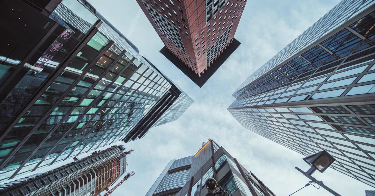 An upward view of real commercial skyscrapers